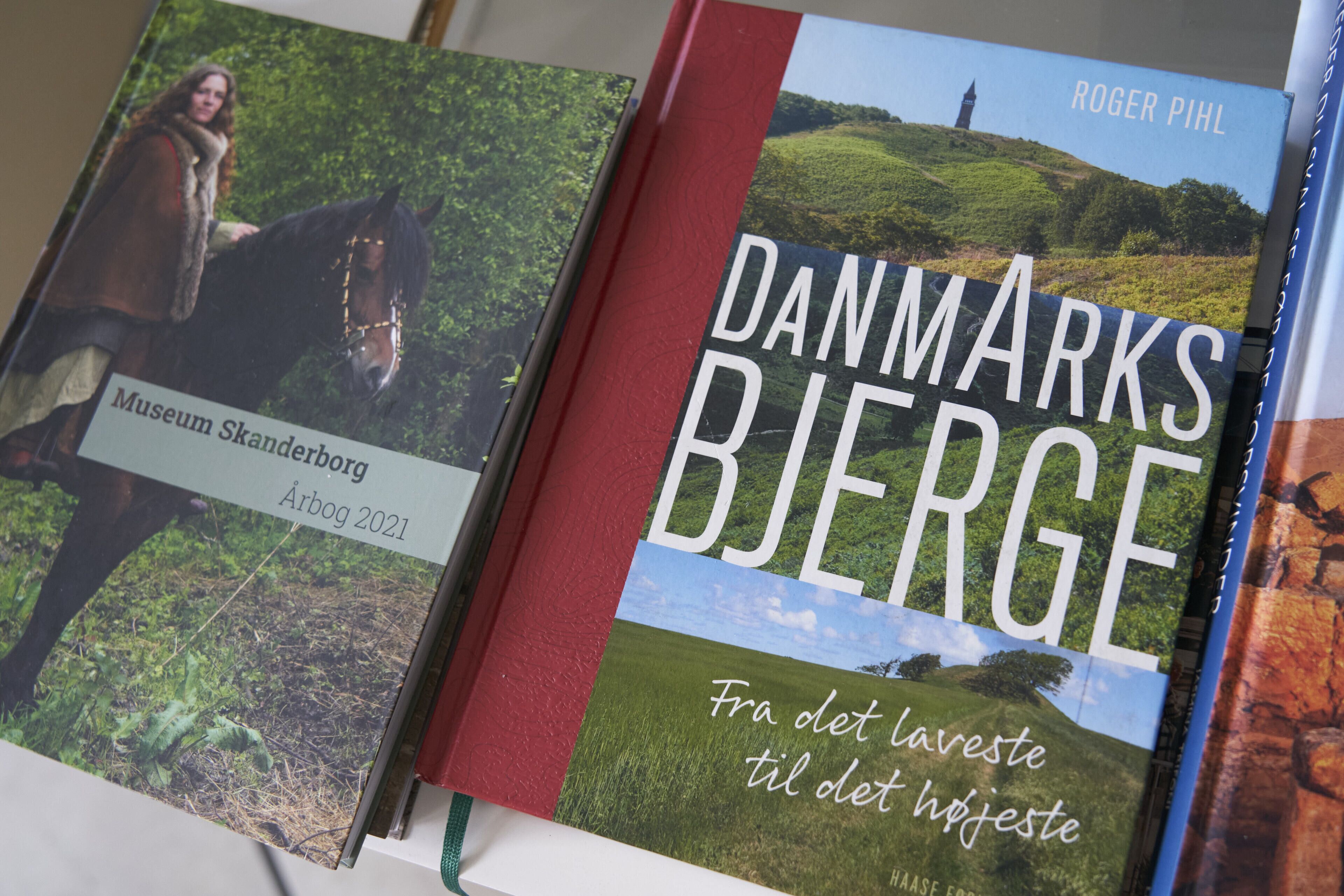 Twee boeken met de titels 'Museum Skanderborg' en 'De Bergen van Denemarken'.