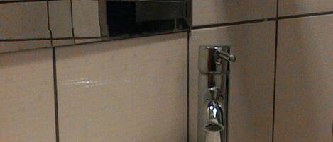 A bathroom with a large white sink, a mirror, and a shelf with toiletries.