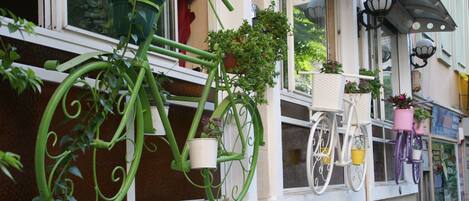 A building with a white facade, a green bicycle with a basket, and various potted plants.