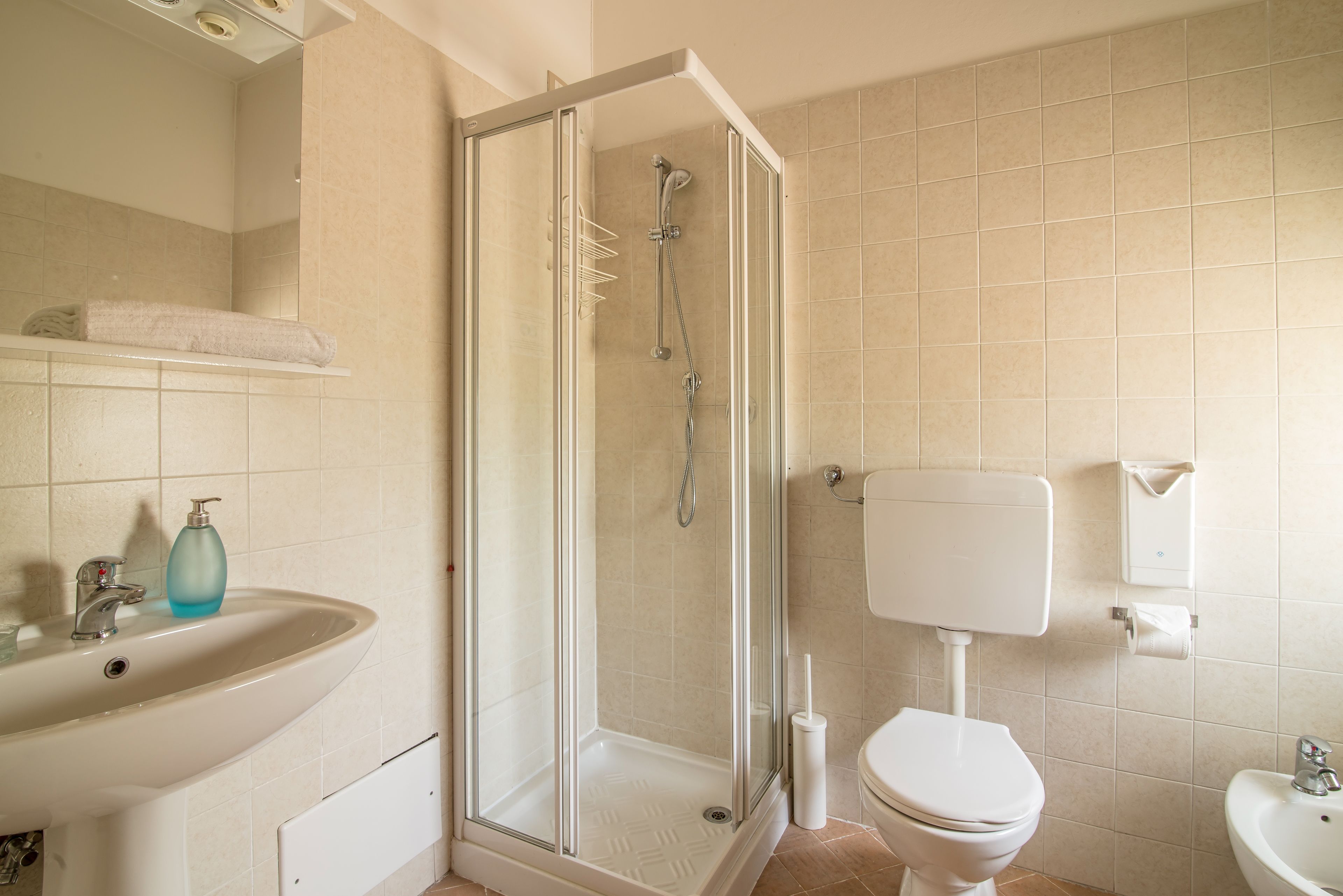 shower, free toiletries, bidet, towels