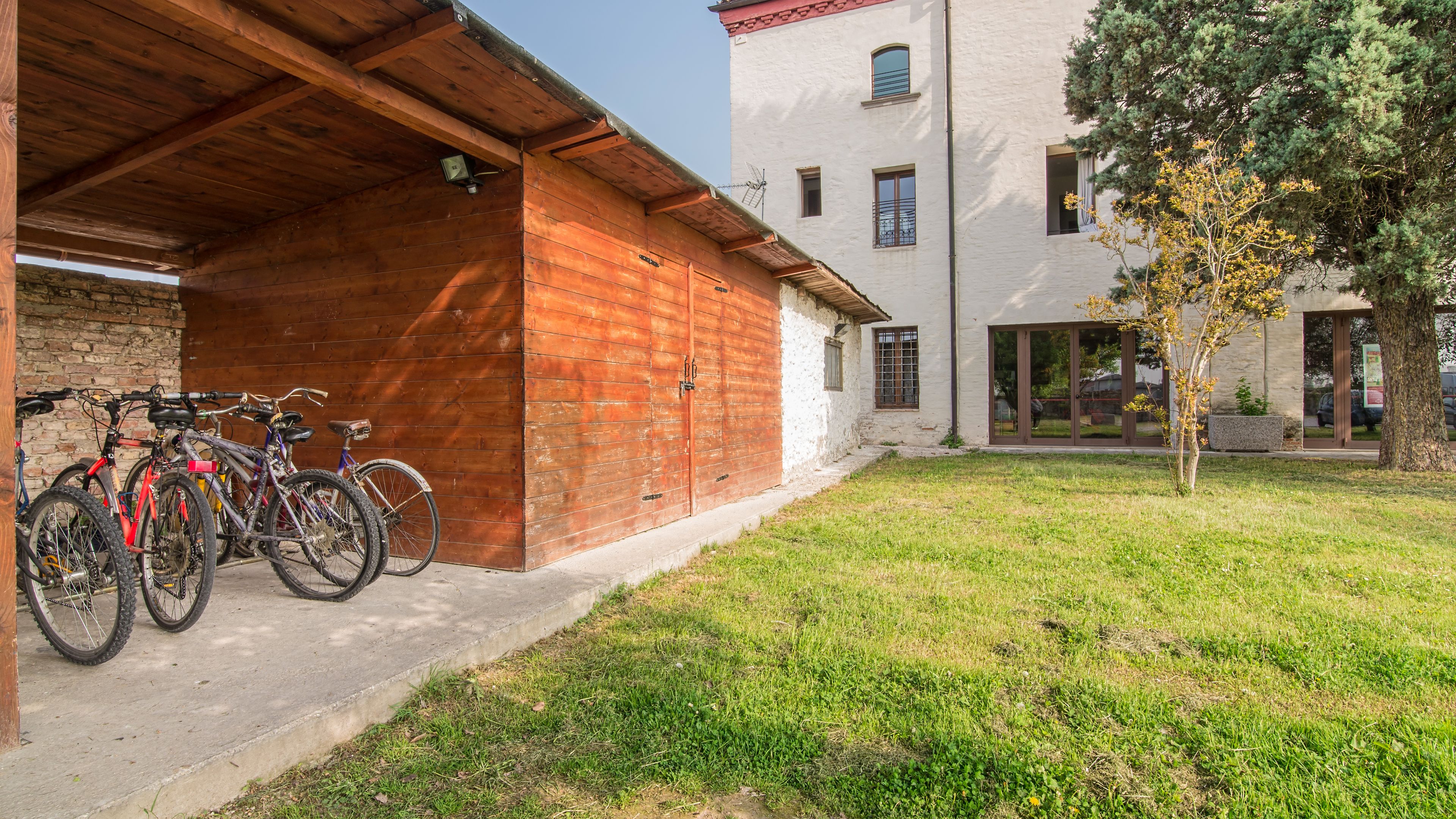 A covered wooden structure with bicycles parked outside, adjacent to a white building with large windows and a tree in the foreground.