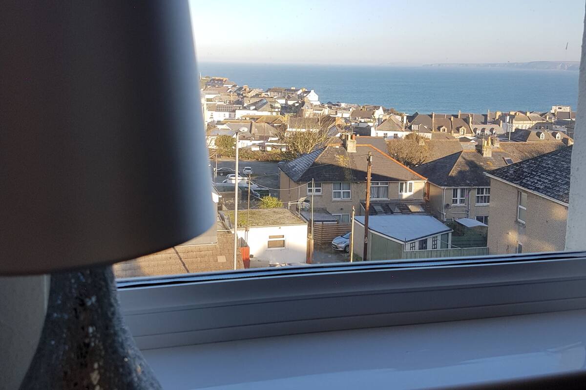 A view from a window overlooking a residential area with houses and a body of water in the distance.
