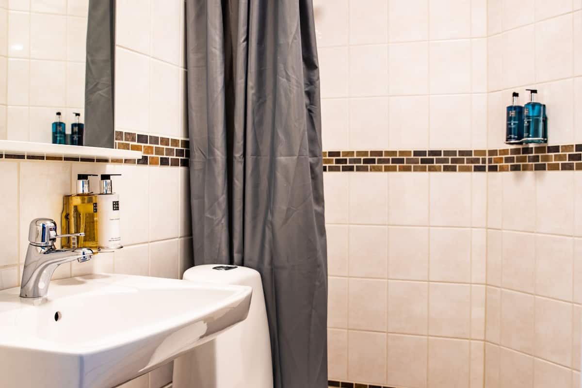 standard single room | bathroom | shower, designer toiletries, hair dryer, towels