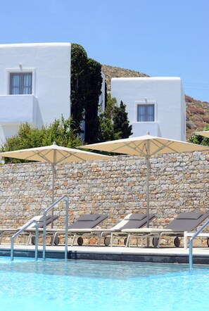 Seasonal outdoor pool, open 8:30 AM to 7:30 PM, pool umbrellas