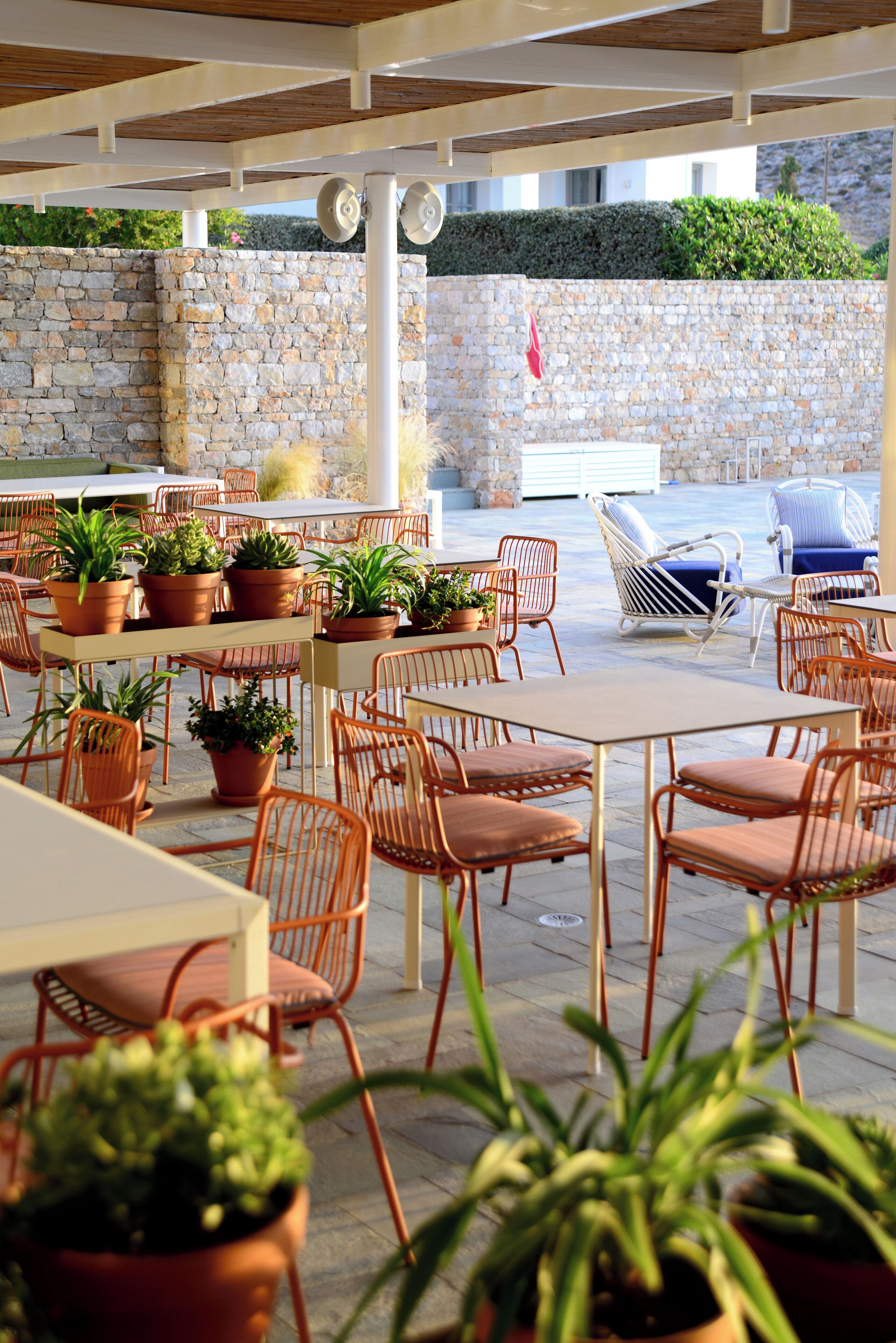 Un espace extérieur aménagé en terrasse, avec des tables et des chaises, des plantes en pot et un mur de pierre en arrière-plan.