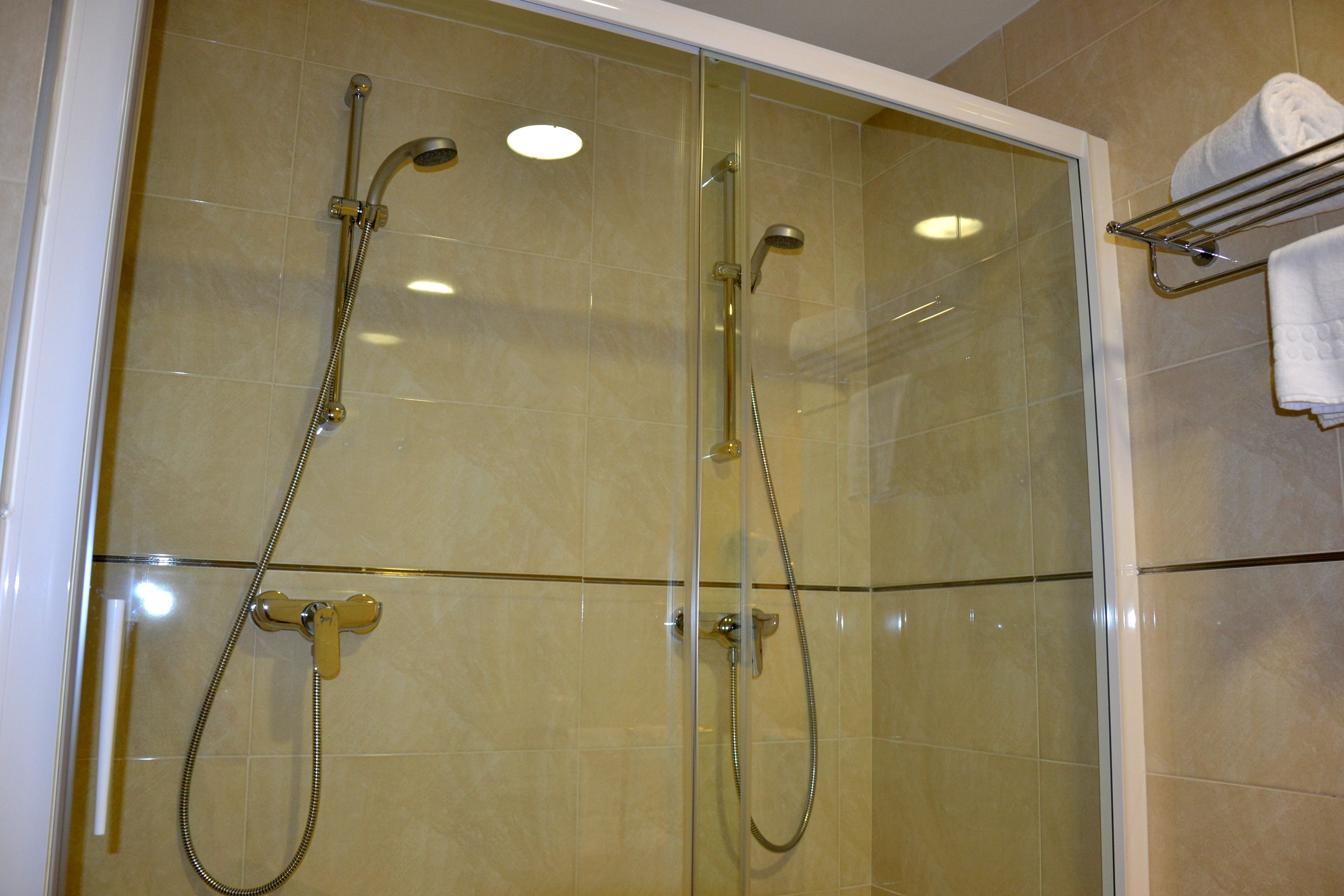 combined shower/bathtub, free toiletries, towels