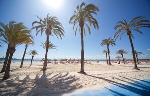 Plage à proximité, sable blanc, chaises longues, parasols