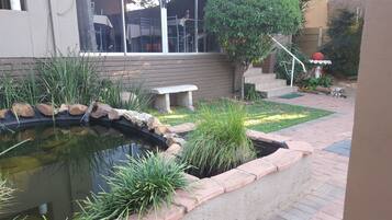 Sit and unwind in this serene garden, featuring a tranquil pond and lush greenery.