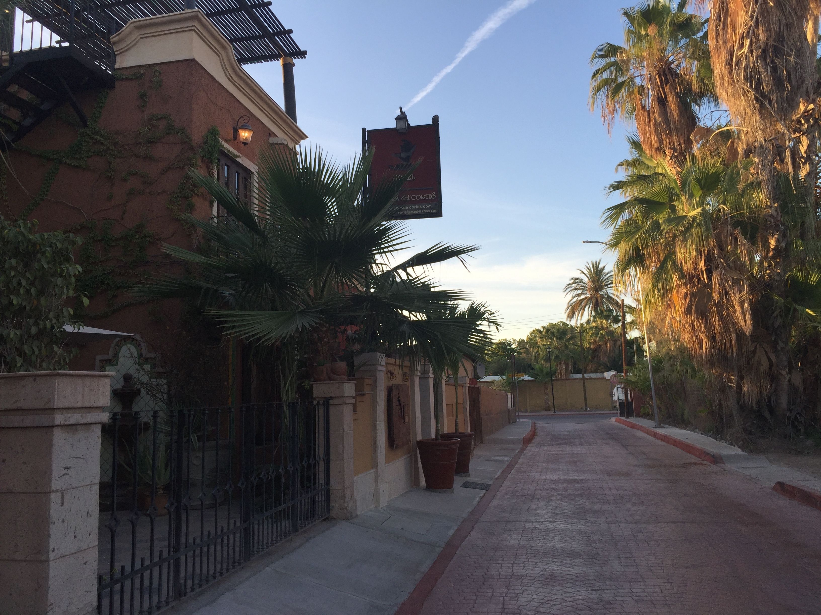 Una strada con un edificio caratterizzato da una recinzione in ferro battuto, palme e cielo sereno.