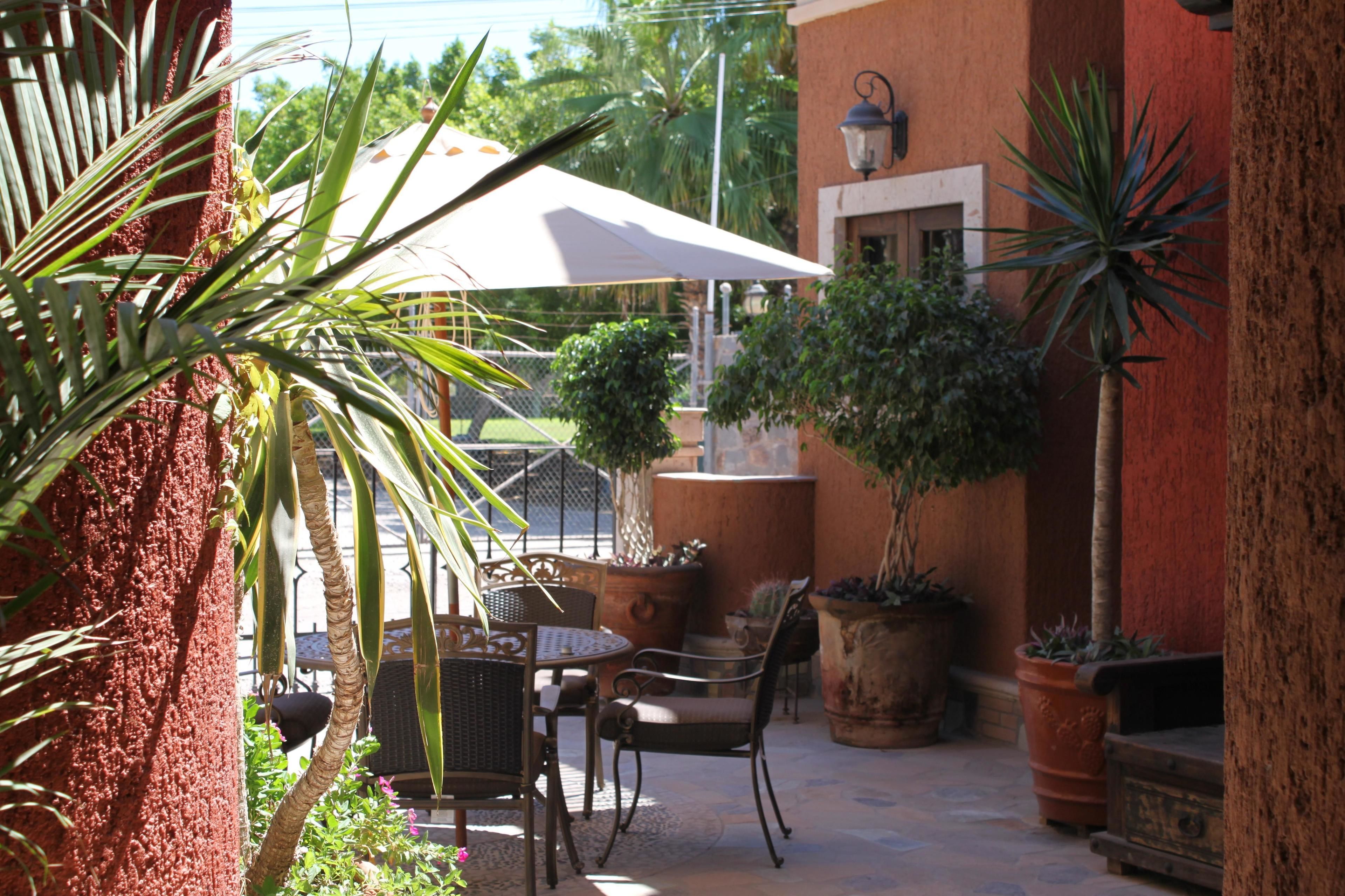 An outdoor patio area with a table and chairs, surrounded by potted plants and a white umbrella.