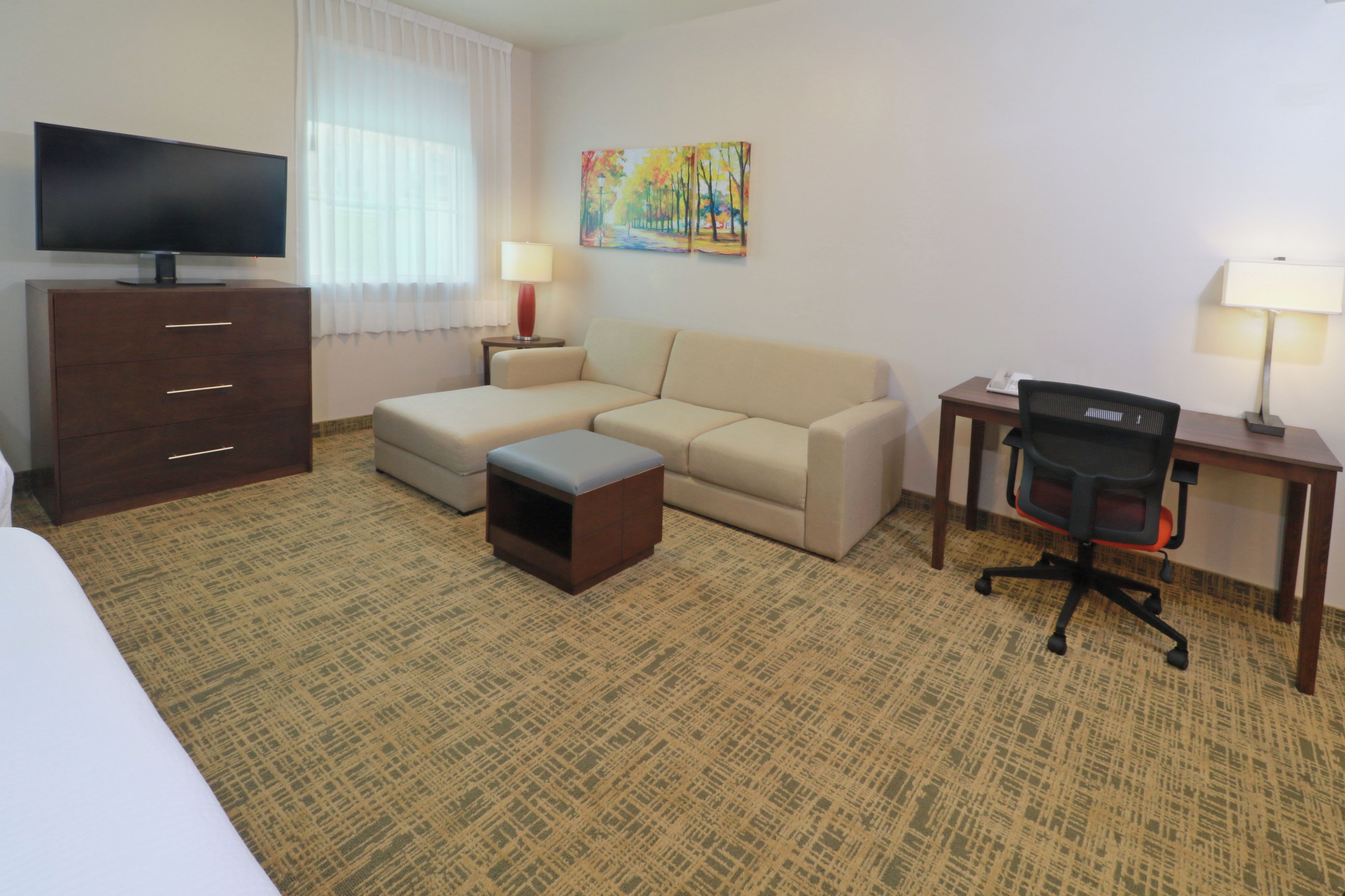 A hotel room with a bed, a sofa, a desk, a chair, a TV, and artwork on the wall.