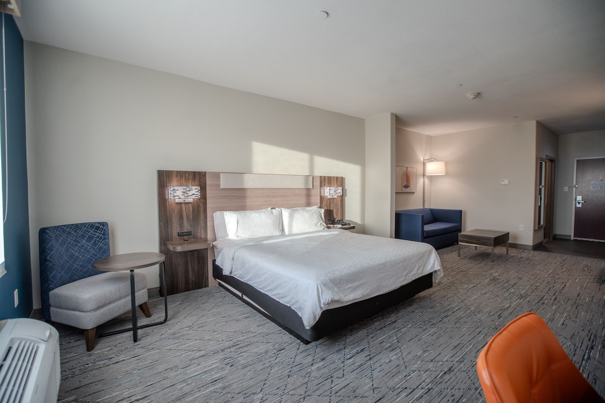 A hotel room with a large bed, a desk, a chair, and a sofa.
