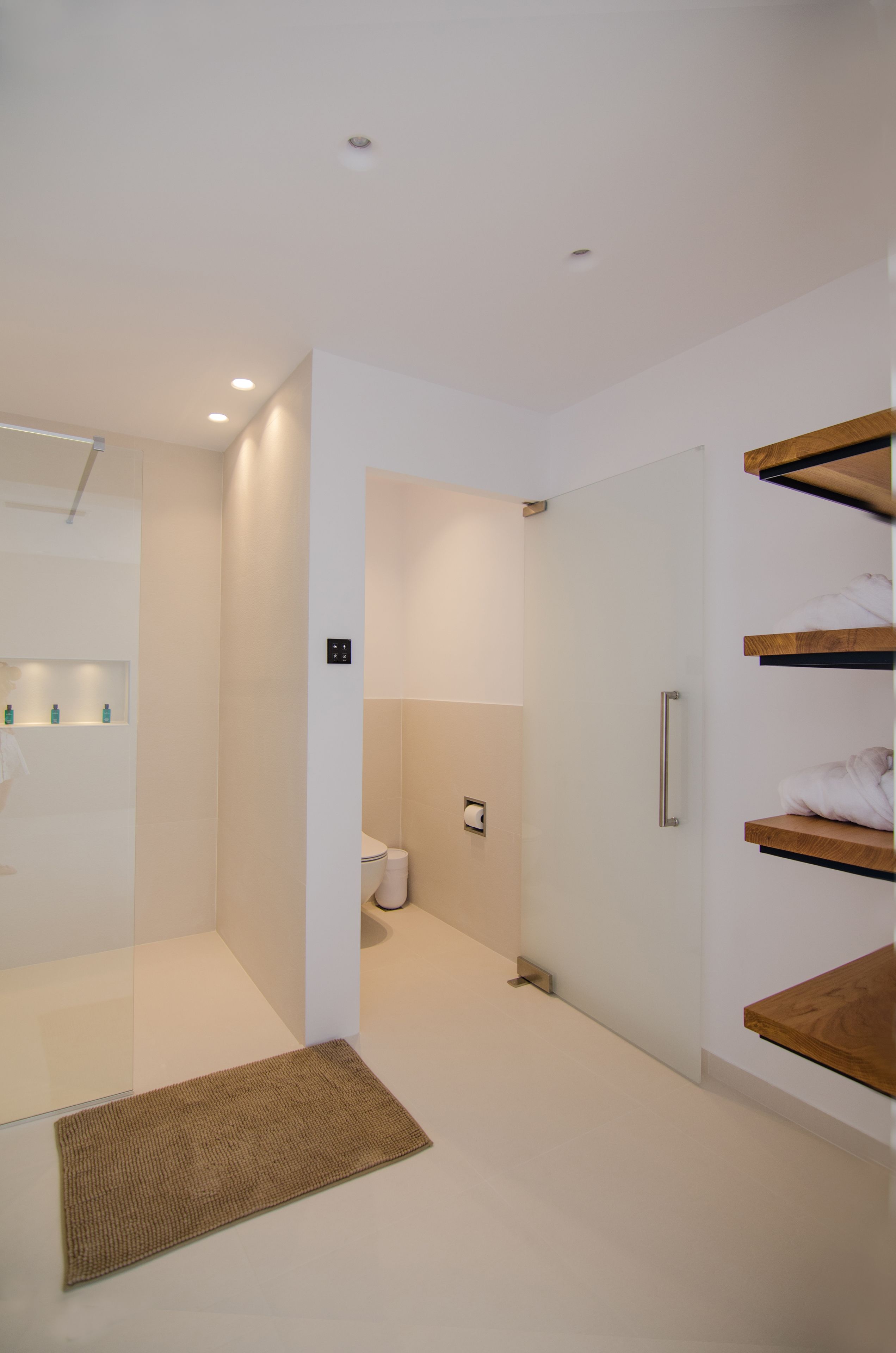 A modern bathroom with a walk-in shower, a toilet, and a sink area.