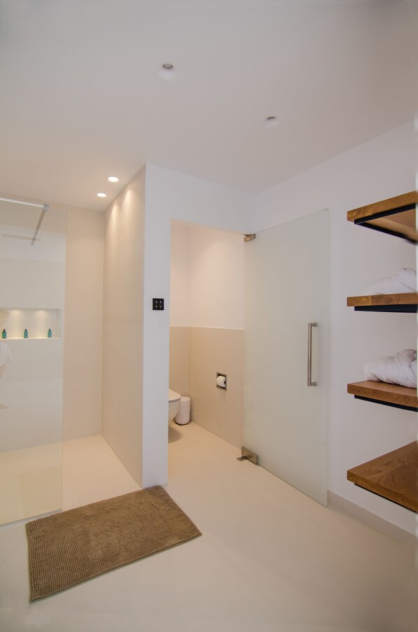A modern bathroom with a walk-in shower, a toilet, and a sink area. - Lofos Village Hotel (Ios)
