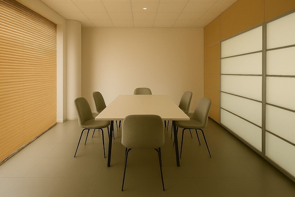 A conference room with a rectangular table and six chairs, a wooden slat wall, and a glass partition.