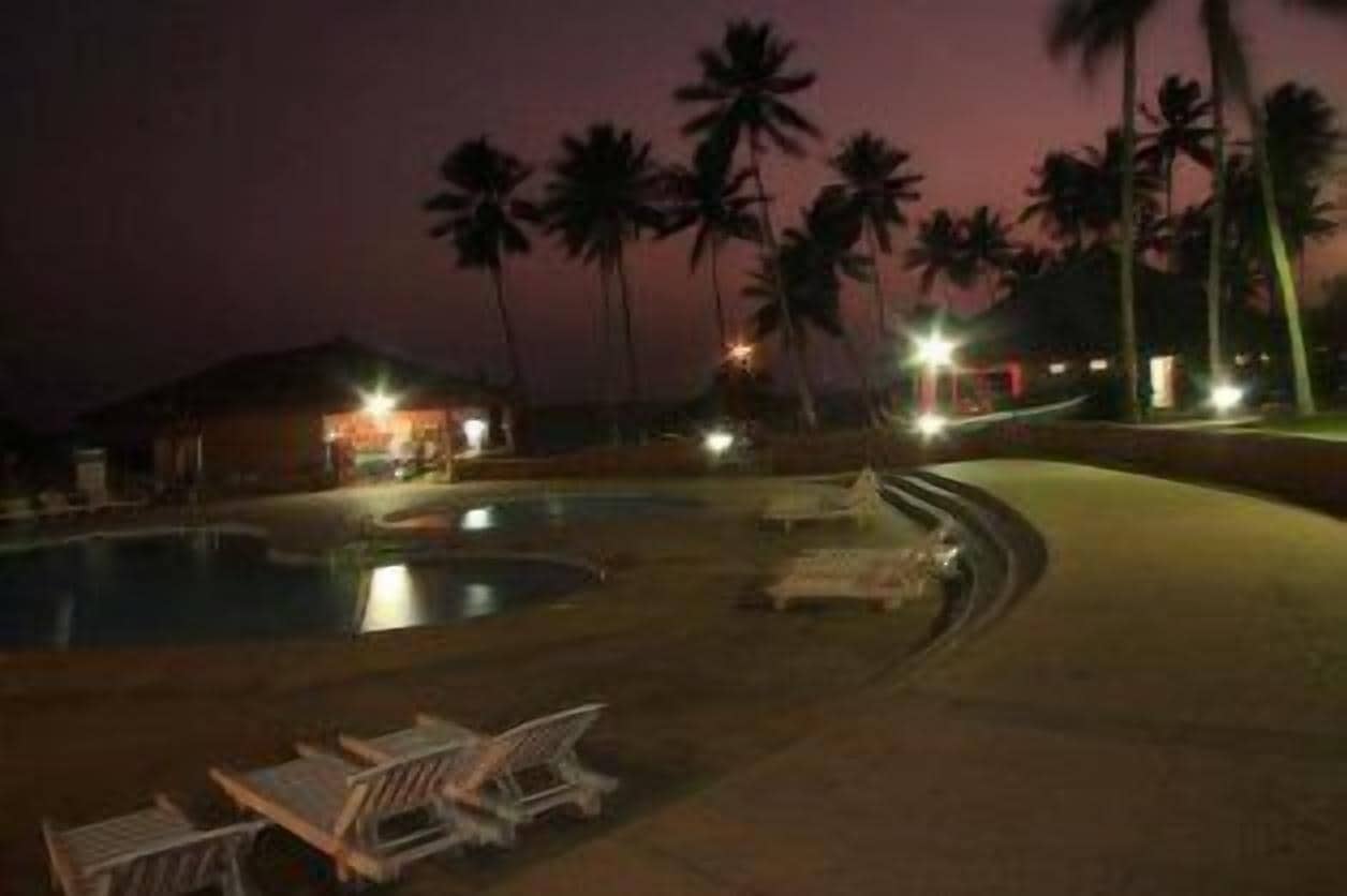Zona de piscina nocturna con sillones de descanso y palmeras.