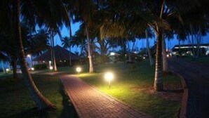 Un sendero nocturno bordeado de palmeras e iluminado por farolas, que conduce a un edificio con techo de paja.