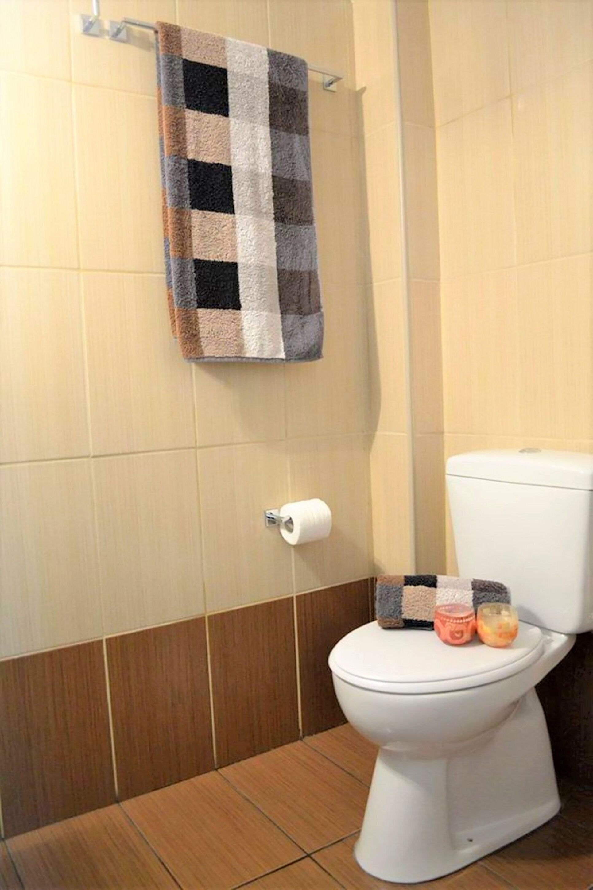 A bathroom with a white toilet, a checkered towel hanging on the wall, and a toilet paper holder.