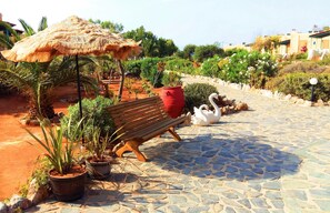 A stone-paved pathway with a wooden bench and a straw umbrella, surrounded by potted plants and a swan statue. - Zorbas Beach Village Hotel (Chania)