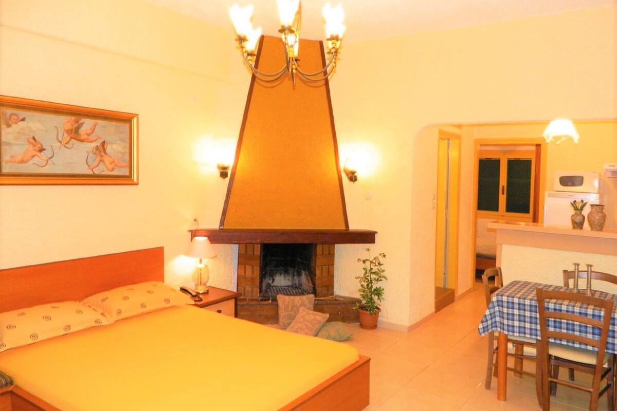 A bedroom with a large bed, a fireplace, a dining area with a table and chairs, and a kitchen visible through an open doorway.