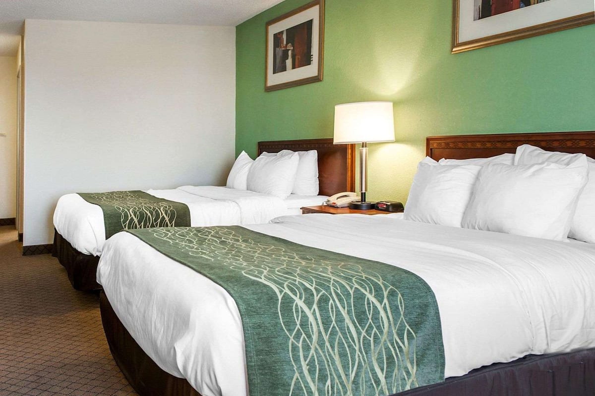 A hotel room with two beds, a nightstand with a lamp, and a painting on the wall.