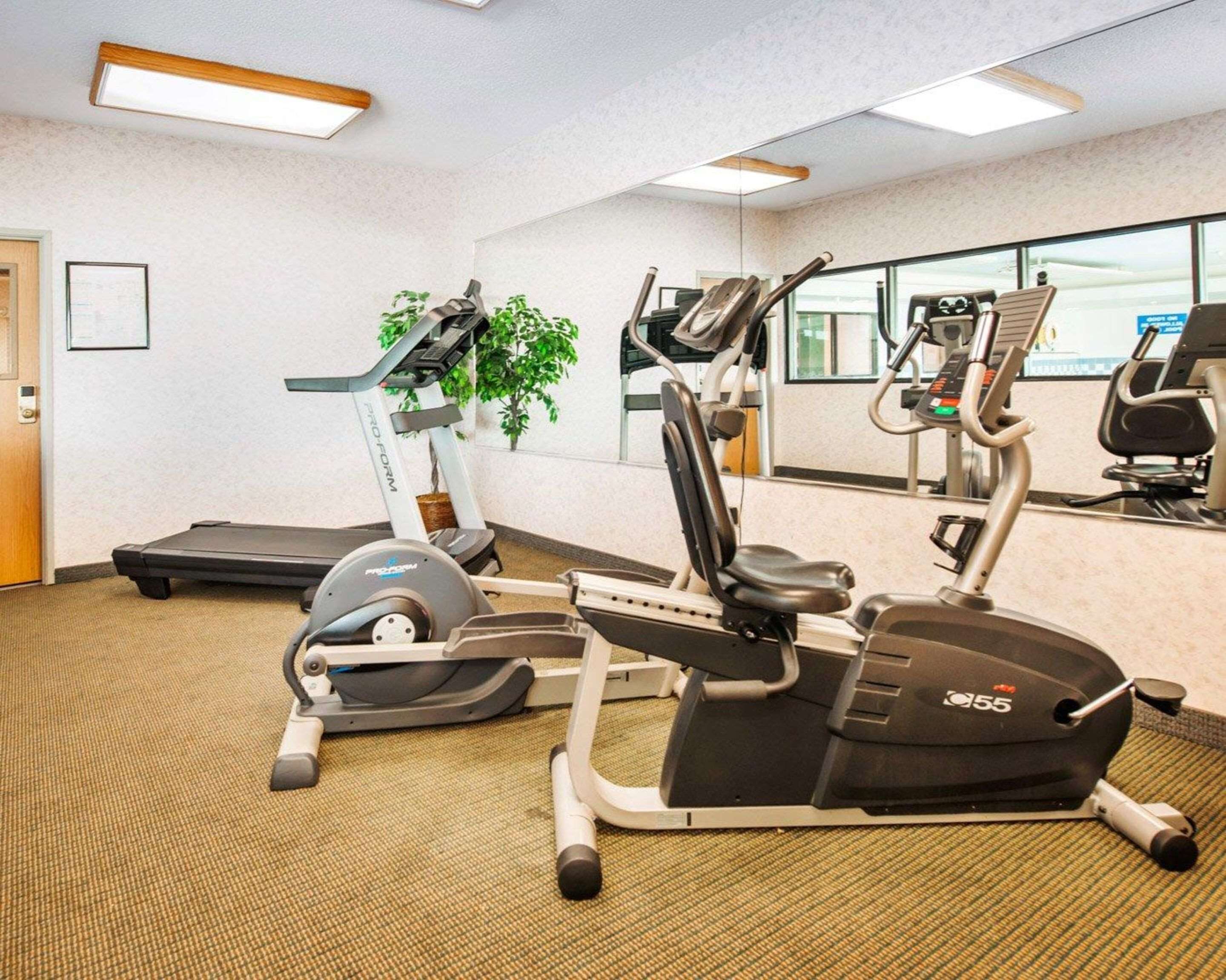 Une salle de sport équipée de tapis de course, d’appareils elliptiques et d’un vélo d’appartement.