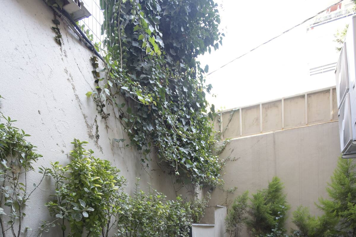 Eine Terrasse mit einem runden Tisch und vier Stühlen, umgeben von Blumentöpfen und einer mit Kletterpflanzen bewachsenen Mauer.
