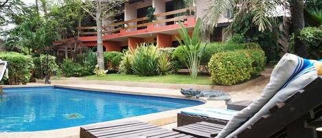 Outdoor pool, pool umbrellas, sun loungers