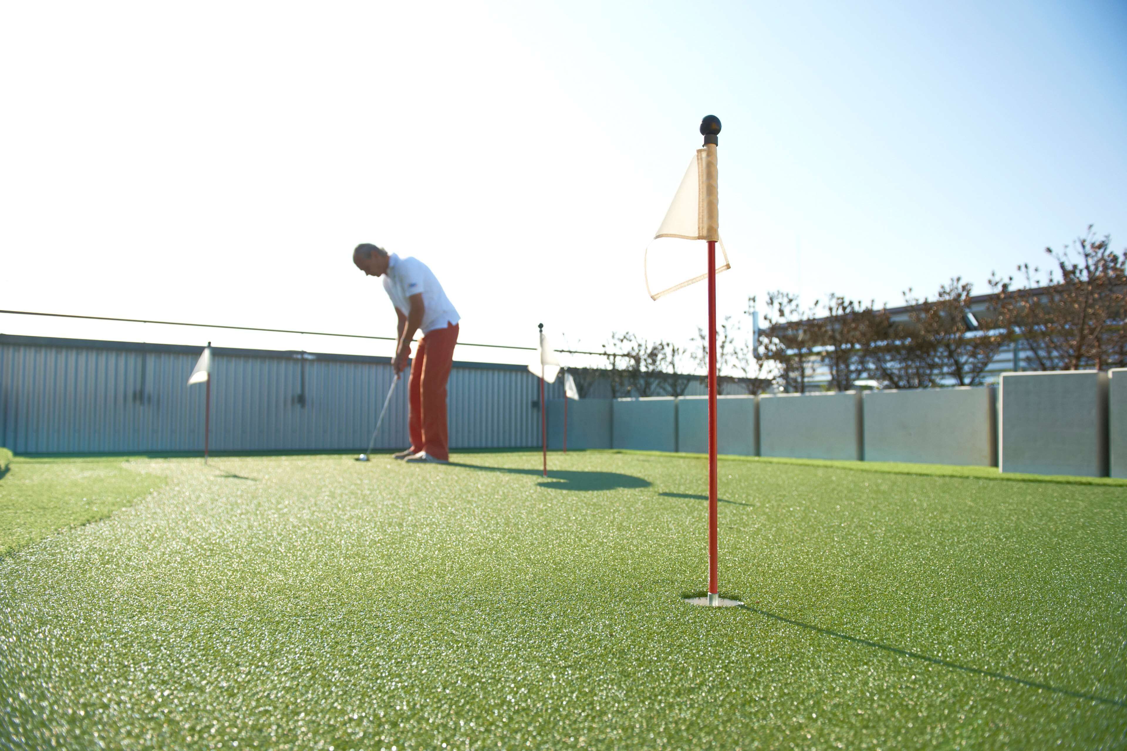 Um campo de golfe com um putting green e um mastro de sinalização.