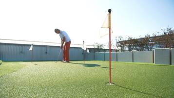 A golf course with a putting green and a flagstick.