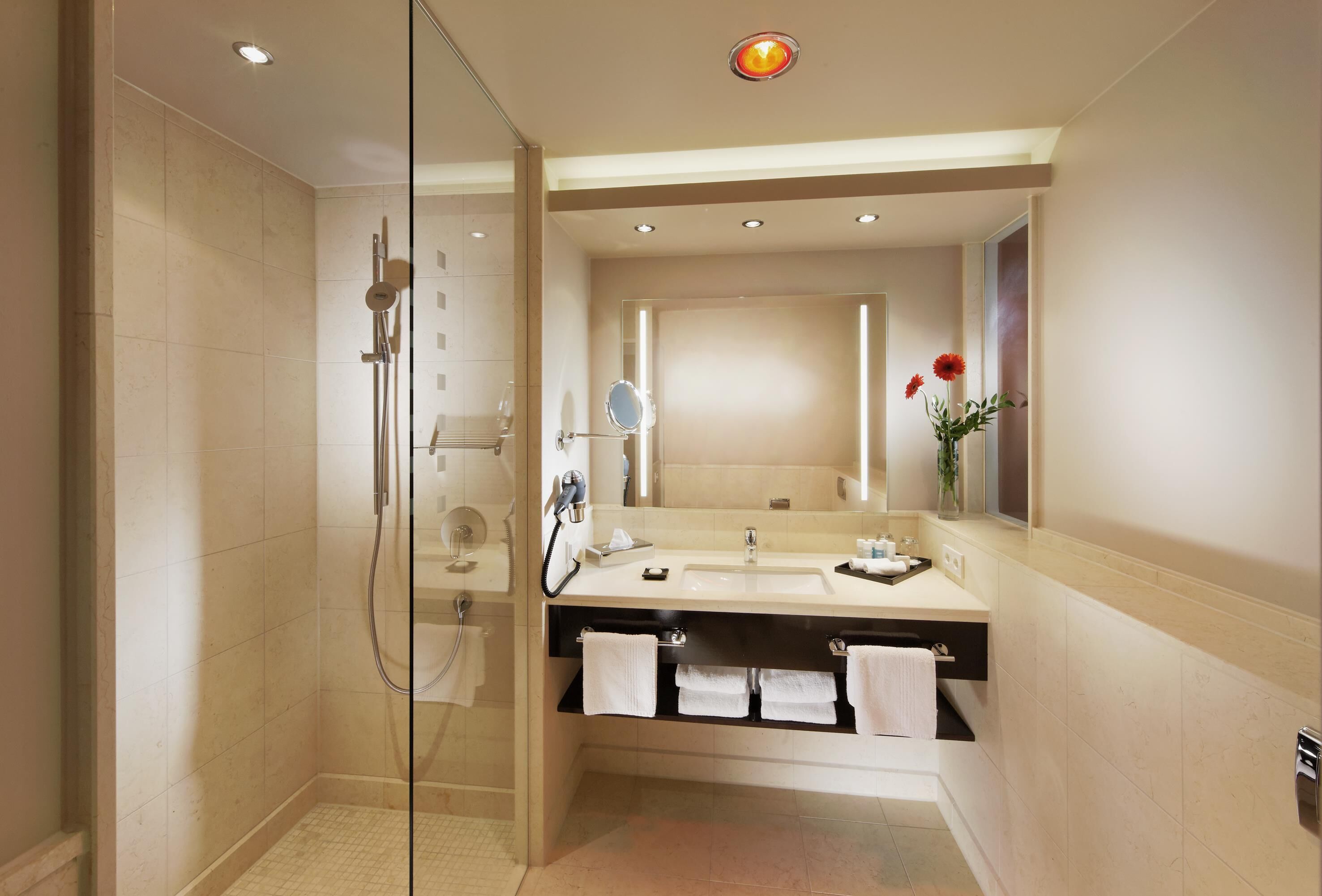 A modern bathroom with a glass-enclosed shower, a vanity with a mirror, and a sink.