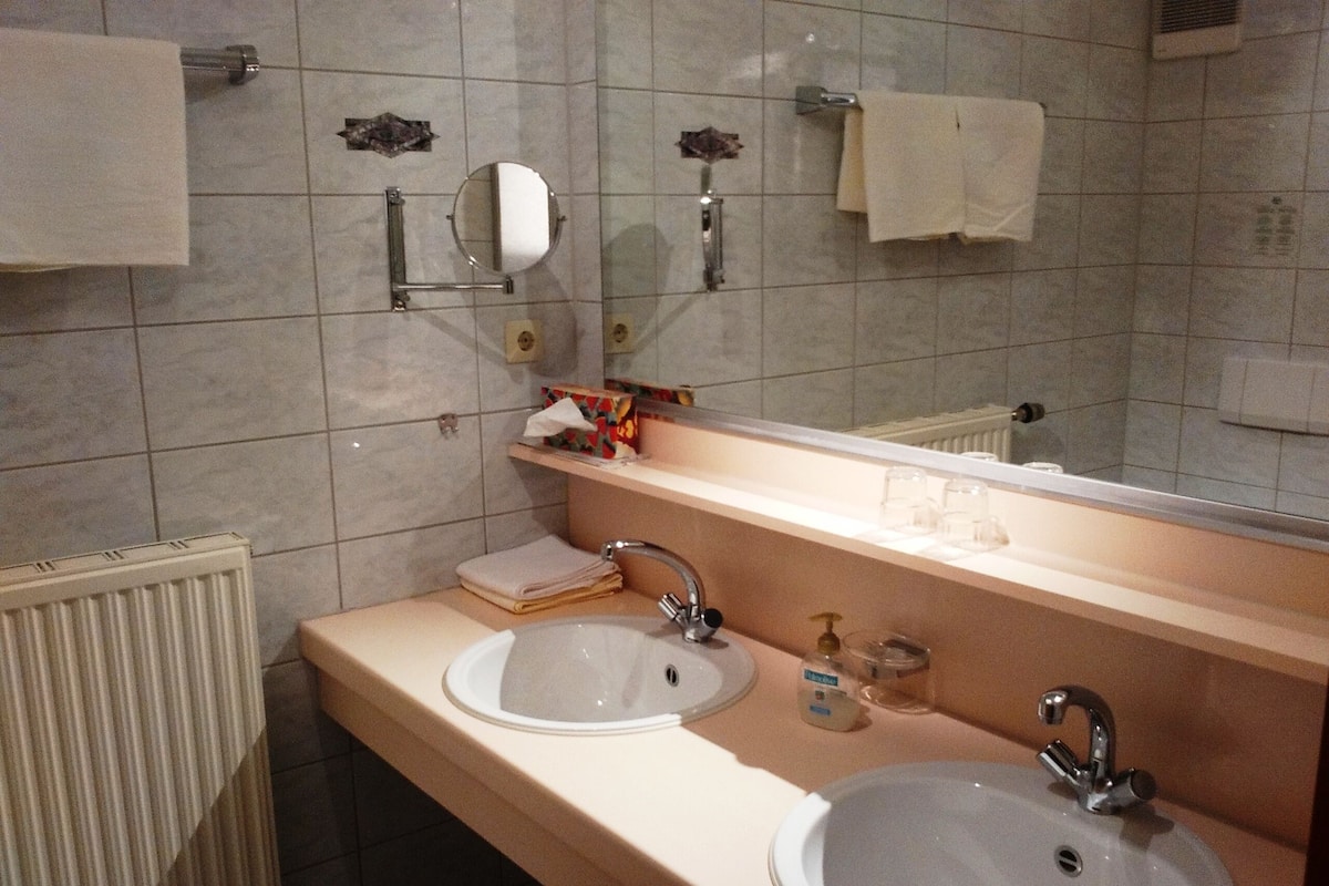 A bathroom with two sinks, a mirror, a towel rack, and a radiator.