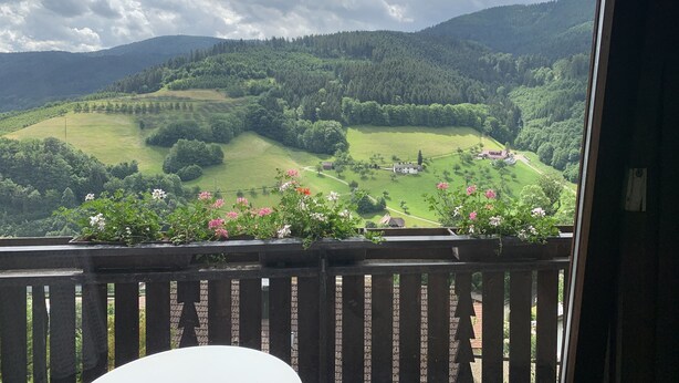 Vista desde un balcón con baranda de madera, sobre un valle con campos verdes, árboles y un pequeño edificio.
