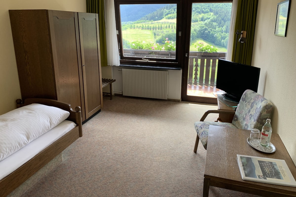 A room with a bed, a desk with a laptop, a TV, and a view of a green landscape through a window.