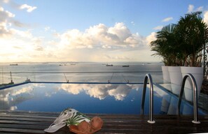 Una piscina con vistas despejadas al océano y barcos, una terraza de madera y una planta en maceta.