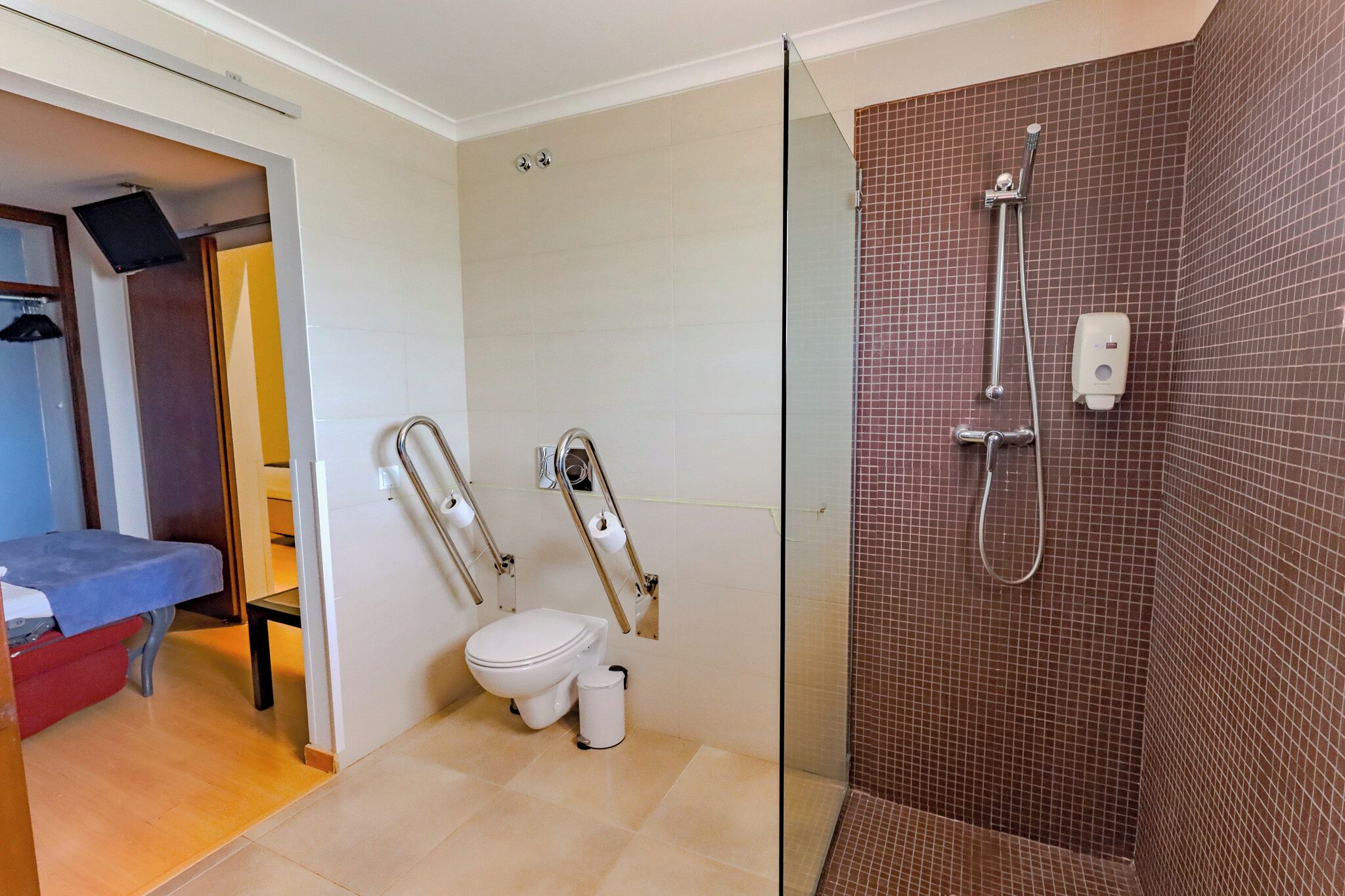 A bathroom with a toilet, a shower, and a handrail.