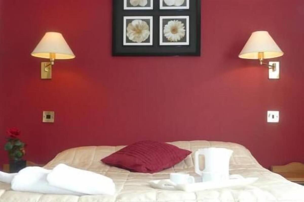 A hotel room with a red wall, a bed with white bedding, a red pillow, a white lamp, and a framed picture of flowers.