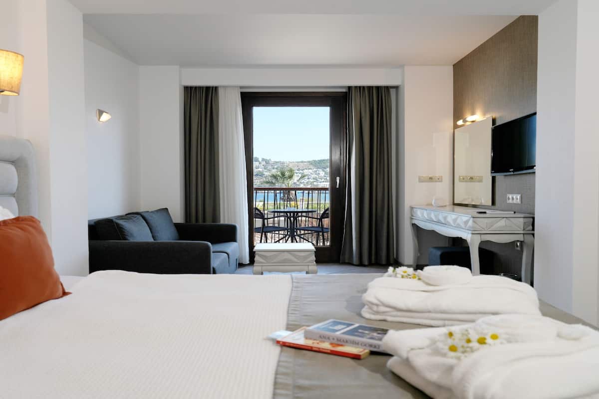 A hotel room with a bed, a sofa, a dining table with chairs, a bathroom with a mirror, and a view of the outdoors.