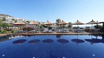 Outdoor pool, pool umbrellas, pool loungers