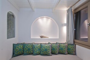 Duplex Suite with Caldera View | Living room | 32-inch LED TV with satellite channels, TV - Nemesis (Santorini)