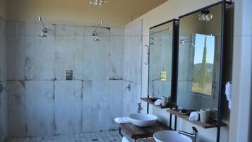 A modern bathroom with a large mirror, two sinks, and a shower area.