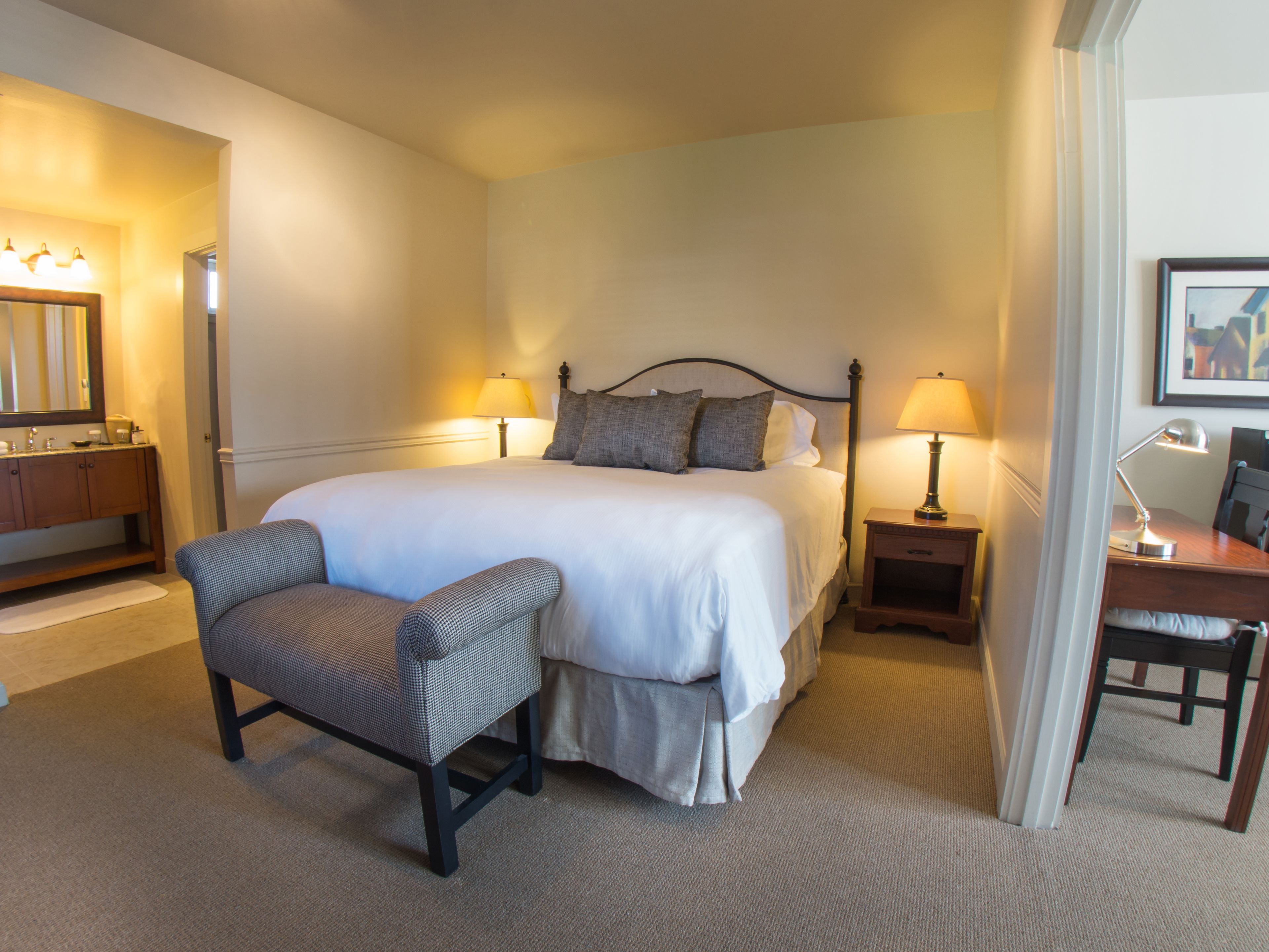 pillow-top beds, desk, laptop workspace, iron/ironing board