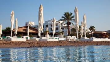 A beachfront hotel with white umbrellas, lounge chairs, and a palm tree.