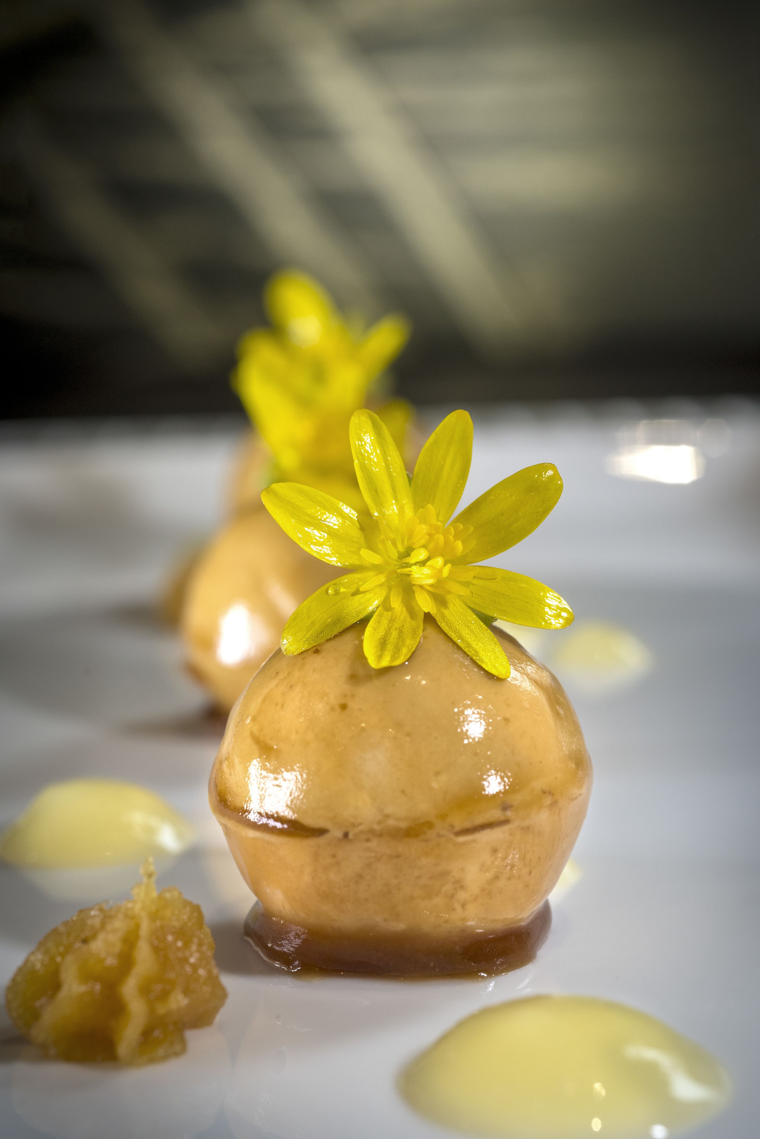 Un dessert décoré d’une fleur jaune, présenté sur une assiette blanche.