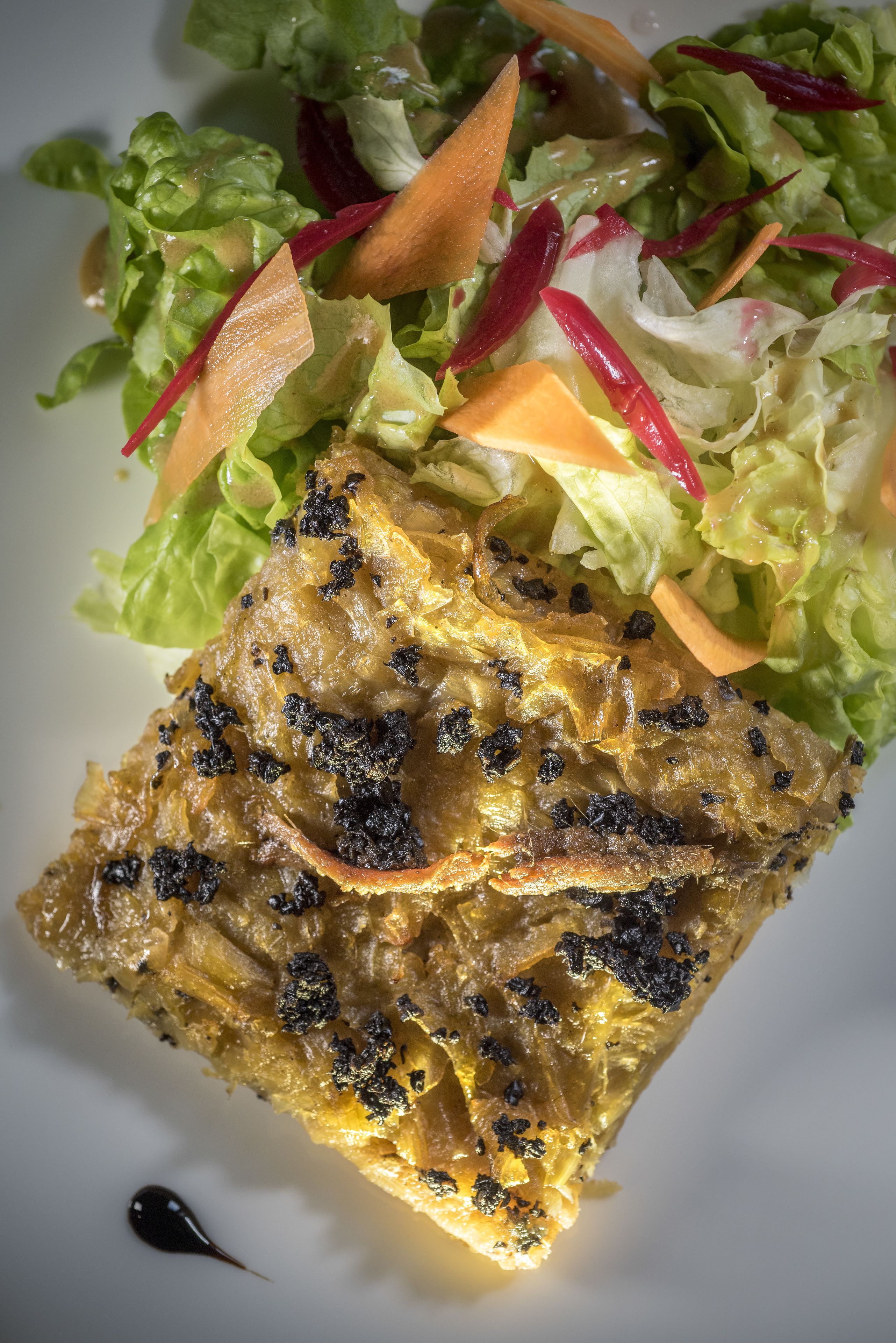 Plat amb una textura cruixent i daurada, i punts negres, acompanyat d'una amanida fresca amb verdures barrejades i làmines fines de verdures.