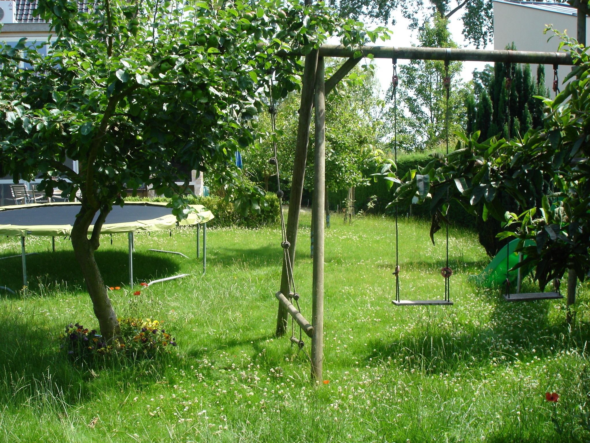Une aire de jeux avec des balançoires et un trampoline, entourée d’herbe et d’arbres.