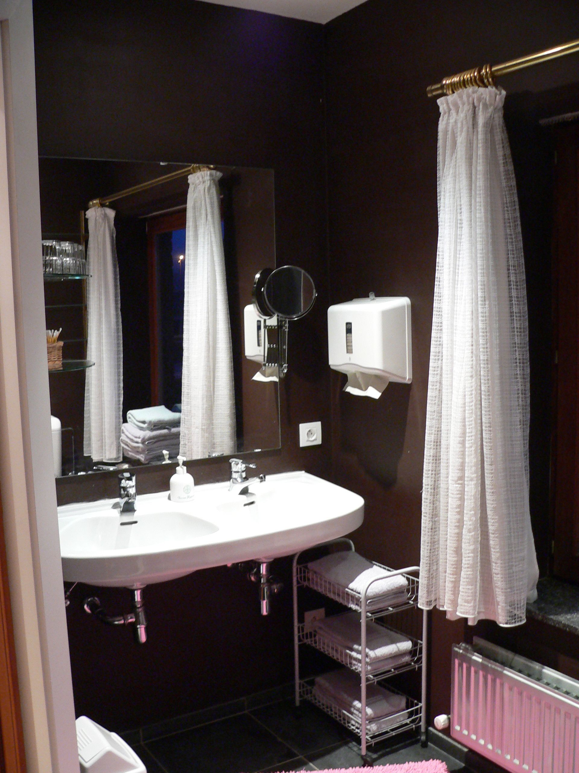 A bathroom with two sinks, a mirror, a towel rack, and a shower curtain.