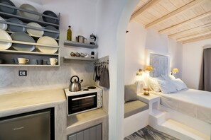 Suíte estúdio, vista para o mar | Roupas de cama premium, camas com colchões pillow-top