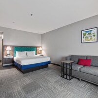 Una habitación de hotel con una cama, un sofá, una mesita y un cuadro en la pared.