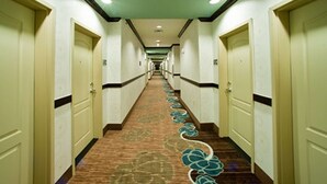 A hotel hallway with carpeted floors, doors on both sides, and a central walkway. - Hampton Inn & Suites Denison (Denison)